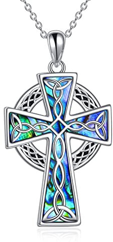 YFN Halskette mit keltischem Kreuz, 925er Sterlingsilber, keltischer Claddagh-Anhänger, Abalone-Muschel, Kreuz, Schmuck, Geschenk für Damen und Herren (Irish Celtic Cross Necklace)