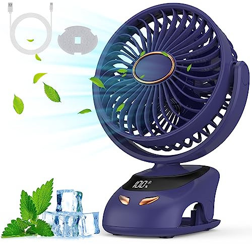 Misilmp USB Ventilatore Morsetto, LED Schermo Ventilatore da Tavolo, 5 Velocità Silenzioso 90° Rotante Ventola a Clip, Portatile Ventilatori a Morsetto Per Campeggio, Ufficio, Soggiorno, Viaggi (Blu)