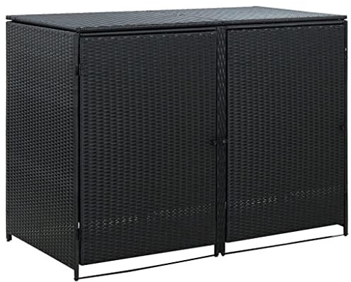 Hommdiy Mülltonnenbox für 2 Tonnen Poly Rattan Schwarz 148x80x111 cm Gerätebox Müllbox Mülltonnenverkleidung