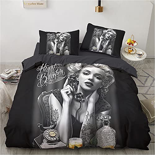 Kinde Bettbezug Set 200x200cm Marilyn Monroe Bettwäsche 200x200 Schauspielerin Marilyn Monroe Bettbezug Set 3 Teilig Mikrofaser Luxus Modern 3D Motiv Mit Reißverschluss und 2 Kissenbezug 80x80cm