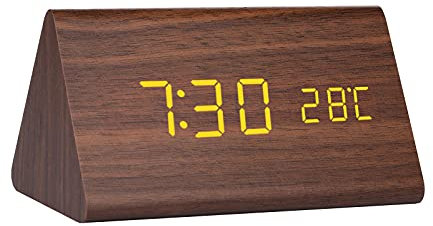 GINZER LED Digital Wood Alarm Clock, Bedside Silent Wooden Clock with Multiple Alarm and 5 Level Brightness, Big White Digit Display, Snooze, Triangular Prism, Mains Powered or Battery Operated-Brown