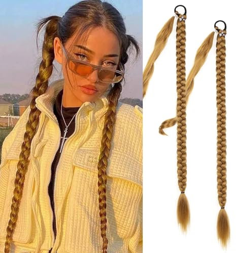 Fulang Hair 2PCS Braid Ponytail Extension Zopf mit Haargummi Haarteil zum Einflechten Lang Ponytail Kunsthaar für Frauen Geflochtener Haarteil (hell Gold-braun)