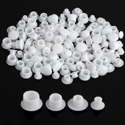 120PCS Plastic Screw Covers - White Hole Plugs Assorted Sizes (5mm/6mm/8mm/10mm) for Nail, Screw, Partition Holes in Cabinets, Brackets, Shelves