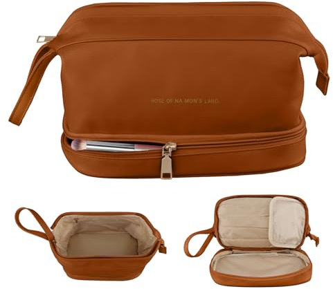 QLoztyse Trousse de Toilette Femme-Trousse Maquillage de Voyage en Cuir, Sac de Rangement Maquillage Double Couchue, Grand Organisateur avec Compartiments, Marron