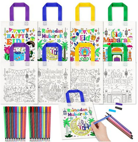 HOWAF 12 Eid Mubarak Stoffbeutel zum Bemalen, Eid Mubarak Tüten Ramadan Tüten Ramadan Mubarak Geschenktüten DIY Non-Woven Eid Taschen zum Bemalen für Kinder Bastelset Ramadan Eid Mubarak Geschenke