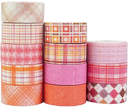 YUBX Gitter Washi Tape Set 12 Rollen Schottenstoff Masking Tape Dekorative Klebeband Bunt für Bullet Journals, Planer, Scrapbooking, Geschenkverpackung, DIY Crafts (Pink)