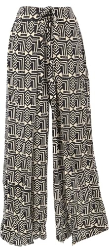 GURU SHOP Palazzohose mit African Print, offene Boho Hose, beige/schwarz | Luftige Viskosehose, weit geschnitten, elastischer Bund, Blockdruck, bequem, umschmeichelt die Figur.