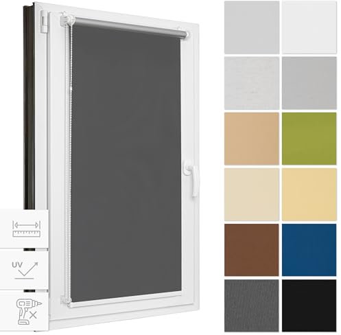 Estika Verdunklungsrollo ohne Bohren, Breite alle 1 cm - 125 cm x 120 cm - Graphit - Thermorollo, Rollos für Fenster ohne Bohren, Sonnenschutz Fenster innen