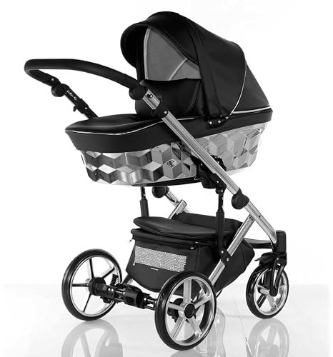 Trio CUBIC Kajtex BBtwin Ecuero Eco Kinderwagen mit goldenen oder silbernen Details, 3-in-1 Kinderwagen und Zubehör, Schwarz Silber