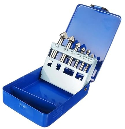 6pcs HSS 90 Degree Countersink Drill Bits Set (6.3, 8.3, 10.4, 12.4, 16.5 & 20.5mm) for Metal and Woodworking Chamfering Cutter Bits & Blue Tin Case