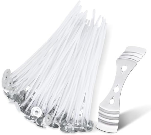 Candle Wicks,Candle Wick for Making Candles 50 Pcs 10cm Long Pre-Waxed with Metal Tabs Includes Stainless 3 Hole Wick Holder, Low Smoke and Longer Burning Time Perfect for DIY Candles