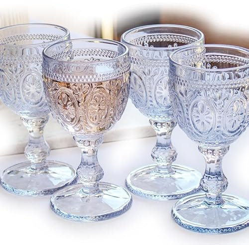 Darthome Blue Wine Goblet Glasses 250ml Set of 4 Embossed Glass Drinking Red White Table