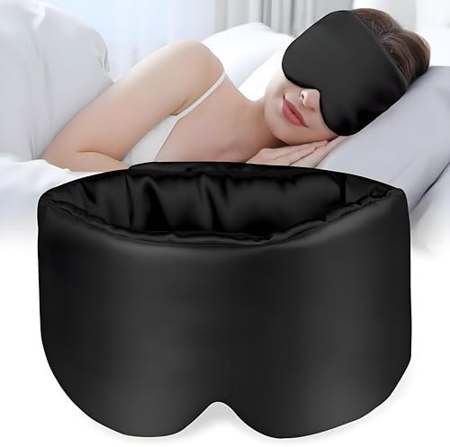 100% Mulberry Silk Sleep Mask Eye Mask for Women Man with Adjustable Band,Reduces Wrinkles, for Side Sleeper Blackout Sleep Mask for Travel Rest and Office Large Size (Black)
