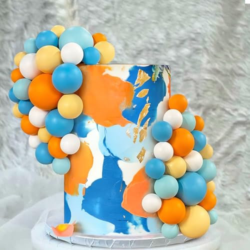 Veszoen 108 Stück Tortendeko Kugeln Mini Balls Cake Topper Tortendeko Geburtstag Kugel Schaum Ball Torten Topper für Hochzeitstag Geburtstag Torte Dekoration (Orange, Blau, Weiß)