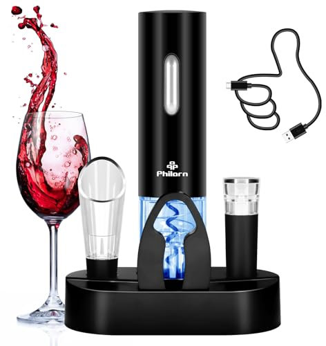 Phillorn Décapsuleur électrique rechargeable 5 en 1 avec tire-bouchon, coupe-capsule, bouchon sous vide, bec verseur et base de rangement