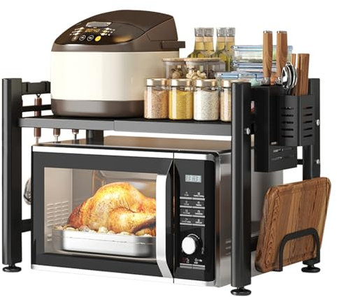 YCBTREE Expandable Microwave Oven Rack,2 Tier Microwave Shelf Adjustable Carbon Steel Kitchen Shelf Organiser with 6 Hooks,Cutting Board Holder,Knife Holder and Cutlery box (Black, 2 Tier)