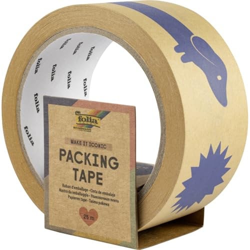 folia 55025 - Paketband MAKE IT ICONIC, 4,8 cm x 25 m, braunes Klebeband mit ikonischen Motiven in Blau, zum Verzieren und Dekorieren