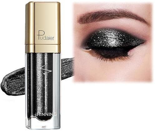 Metallic Liquid Glitter Eyeshadow - Long Lasting Waterproof Matte Shimmer - Highly Pigmented Sparkly Eye Shadow - Easy to Blend - with Eyeliner Pen - Glittery Black Glam(12#)