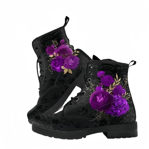 Ulalaza Bottes Courtes imprimées Pour Femmes Automne et Hiver Bottes de Combat à Lacets Bottes de cheville Tête de Mort Rose Motif de Dessin animé Cadeaux Pour Filles Femmes