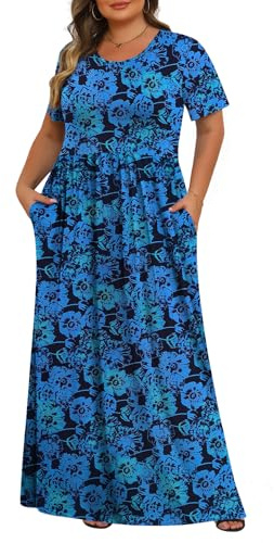 Tencede Womens Plus Size Maxi Dresses Summer 2025 Casual Short Sleeve with Pockets Long Dress 1X-5X