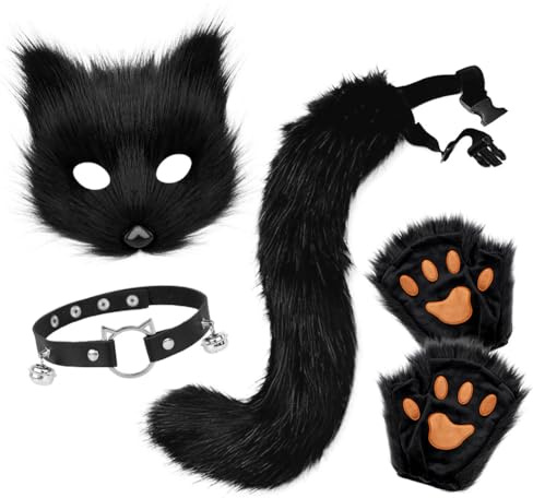 ISAKEN Fuchsschwanz Kunstpelz Flauschige Fox Plüsch Maske, Tierohren Stirnband Schwanz Pfote Handschuh Set, Cosplay-Kostüm-Set, Fuchs Katze Cosplay Für Frauen
