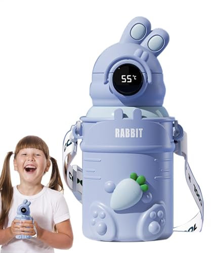 Tazze d'acqua con cannuccia, Bottiglia d'acqua con cannuccia | Tazza per acqua carina in acciaio inossidabile da 500 ml | Tazza da viaggio leggera con display digitale, bottiglia per bevande a prova d