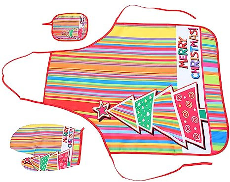 HOLIDYOYO 1set Adorable Christmas Apron Matching Oven Gloves and Heat Pads Festive Kitchen Decor for Cooking and Baking and Holiday Entertaining