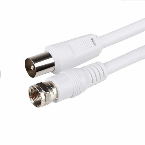 TECHZOCO Cable Antena-satelite, Cable TV Sat 75 Ohm, Conector RF coaxial Macho a Conector Tipo F Macho, Sat Freesat Sky Virgin BT TV HDTV DVB DVD Radio/Coax, 70 dB, Blanco, 5 Metros