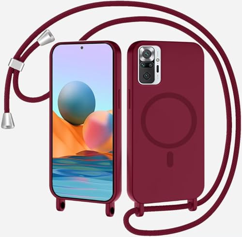 SLWYF Magnetische Handykette für Xiaomi Redmi Note 10 Pro/Note 10 Pro Max Hülle mit Band, Handyhülle Kompatibel mit MagSafe, Silikon Necklace Handyhülle mit Abnehmbar Kordel zum Umhängen Case - Rot
