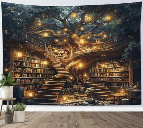 LB Wandteppich Verzaubertes Bücherregal Wandtuch Großer Baum in der Vintage Bibliothek Wandbehang Hexenhafte magische Bücher Tapisserie für Wohnzimmer Schlafzimmer Wohnheim Wanddeko,150x100cm