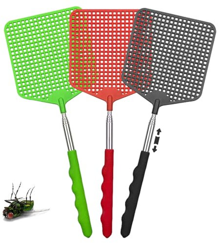 3 Piezas Matamoscas Extensible, Matamoscas de Plástico,con Mango Telescópico,Robusto y Duradero,para Evitar Moscas y Mosquitos,Avispas, Plagas (Negro,Verde,Rojo)
