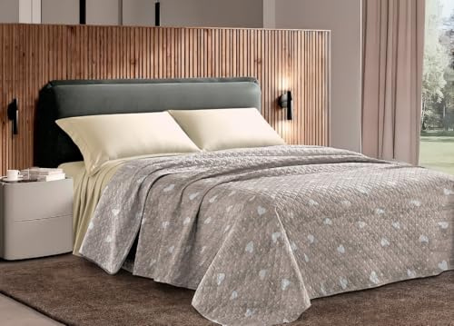 BIANCHERIAWEB Bedruckte Tagesdecke Challenge aus 100% Polyester-Mikrofaser, Design Herzen für französisches Bett, Beige