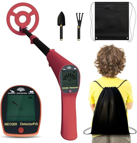 ACXIN Metalldetektor Kinder, höhenverstellbar (70–95cm), wasserdichte 16,5 cm Suchspule, LCD-Display, Leichtgewicht, Metalldetektor für Anfänger und Schatzsuche im Garten, Rot