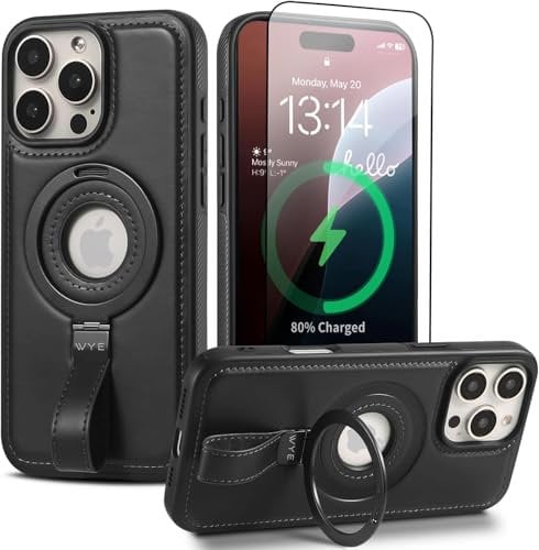 WYE MagSafe Compatible Leather Case for iPhone – Magnetic Ring Grip, Kickstand, Shockproof PU Leather, Anti-Fingerprint, Vertical & Horizontal Stand (Black, iPhone 14 Pro Max)