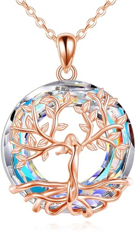AOBOCO Tree of Life Necklace for Women 925 Sterling Silver Pendant with Crystal, Fine Jewellery Gifts for Wife, Mum and Girlfriend (Rose Gold-AB)