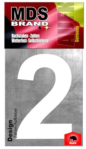 MDS Brand Design 20cm Zahlen Aufkleber | Selbstklebende Hausnummern zum aufkleben | Klebezahlen für Mülltonne, Briefkasten, Hausnummer & Auto | Optimal für Außen & Innen (Weiss, 2)