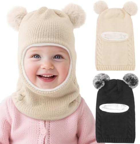 DRESHOW Kinder Wintermütze Warme Schal Schlupfmütze Strickmütze Kapuze Weiche Schalmütze mit Doppelt Bommel Pom Pom Beanie Mütze für Kleinkinder Jungen Mädchen 1-6 Jahre