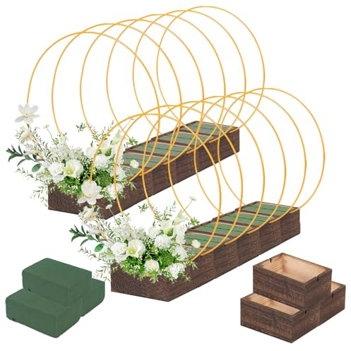 36Pack Floral Hoop Centerpiece Kit, 12Pcs 12'' Metal Floral Hoop Centerpiece with Stand+ 12Pcs Wood Cube Planter Box + 12Pcs Floral Foam Blocks for DIY Wedding Christmas Party Home Garden Decor