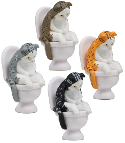 KARLOR Mini Kitten Figurines, 4 PCS Miniature Cats Sitting on the Toilet, Small Cat Figurine with Leopard Print, Table Decoration, Funny Kitten Statue, Cat Ornaments, Car Computer Aquarium Decoration