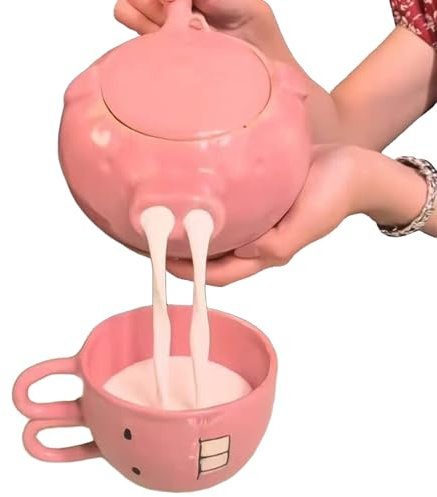 Tea Pot and Cups Set, Funny Pig's Nose Ceramic Cute Tea Kettle & Rabbit Tooth Mug for Friends and Family Gifts Cute Set
