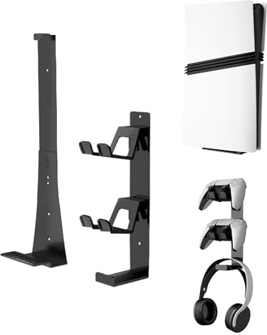 AmoreTempo Wandhalterung für PS5 mit Controller und Kopfhörer-Halterung | Stahl Halterung Wand für Playstation 5/PS5 Slim/PS5 Pro Disc & Digital PS5 Zubehör, Belastbarkeit 15kg, Platzsparend, Schwarz