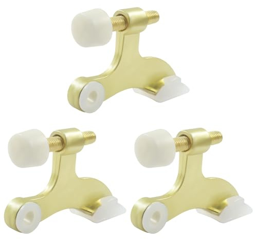 Cjueiom 3 Pack Hinge Pin Door Stopper Gold, Adjustable Heavy Duty Metal Door Stop with Rubber Bumper Tips, Size 2-1/2 x 1-3/4, Home and Office Use, Easy to Install