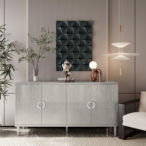 A ALFRESCOOL Sideboard, Küchenschran, Aufbewahrungsschrank, Buffet, Funktionaler Hoher 4-türiger mit Kiefernholzbeinen & MDF-Platte, für Wohnzimmer, Schlafzimmer, Küche, 152×40×82.5cm (Sekt)