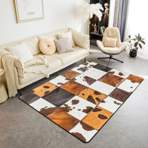 Homemissing Rustikale Kuhfell Patchwork Modern Teppich Leder Kuhdruck Wohnzimmerteppich für Jungen Mädchen Kuhfell Druck Teppich 150x200cm Bauernhaus Landzimmer Dekor