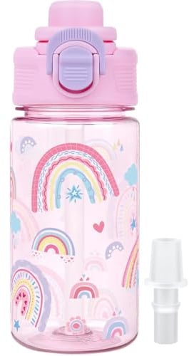 wooshwa Kids Water Bottle for School, 380ml Leakproof Straw Water Bottle | Silicone Spout Replacement, Dishwasher Safe for Girls and Boys (Rainbow)