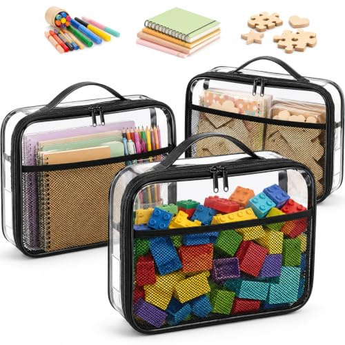 Yeria 3er Set Aufbewahrungstasche mit Reißverschluss, Durchsichtige Spielzeug Organizer Taschen mit Netzfächern Leder Tragegriff-Ideal für Lego Aufbewahrung,Puzzle Organizer,Bausteine, Badespielzeug