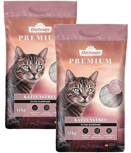 Dehner Premium Katzenstreu Ultra mit Babypuder-Duft, klumpend, 100% Betonit, 2 x 12 kg (24 kg)