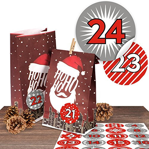 24 stylische Adventskalender Papiertüten Ho Ho Ho mit 24 modernen Zahlenaufklebern „Duo Rot“ zum selber Befüllen