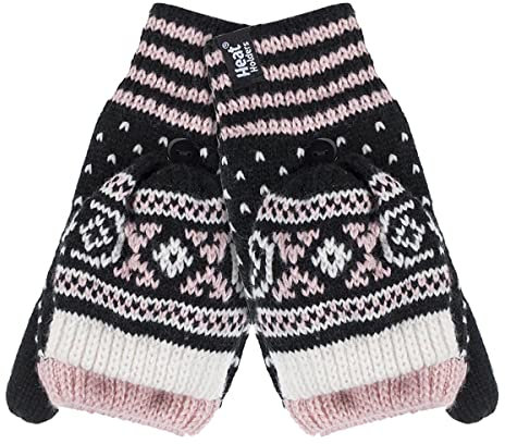 HEAT HOLDERS - Damen Thermo Fleece Norwegermuster Fingerlose Fäustlinge mit Daumen (One Size, Black (Stockholm))