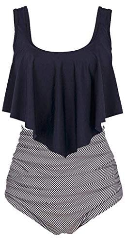 Aidotop Damen Badeanzug Rüschen Zweiteilige High Waist Bikini Retro Sätze mit hoher Taille Bademode Strandkleidung(8black Stripe,L)
